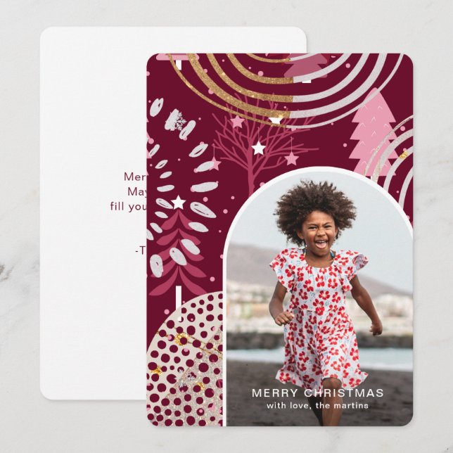 Cartão De Festividades Feliz Foto de Natal com Mensagem Rosa (Frente/Verso)