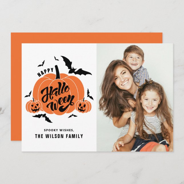 Cartão De Festividades Feliz Foto do Dia das Bruxas Felizes Pumpkins (Frente/Verso)