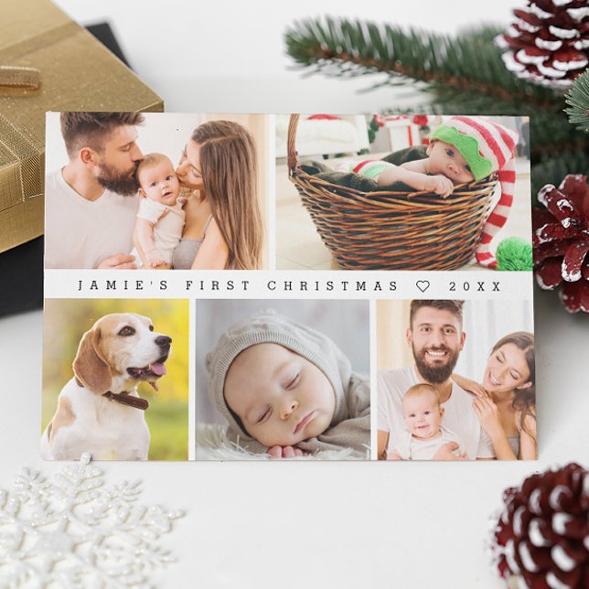 Cartão De Festividades Feliz Foto Personalizada Moderna de Natal do Bebê (Modern Simple Family photo collage baby's first Christmas holiday card.)