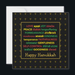 Cartão De Festividades FELIZ Fruta HANUKKAH do Espírito Menorah BLACK<br><div class="desc">Cartão de saudação Feliz Hanukkah, colorido, com menorras falsas de ouro em sutil padrão de fundo. A fruta DO ESPÍRITO, incluindo as traduções hebraicas, está escrita em vermelho, amarelo e verde. HELY HANUKKAH é personalizável se você quiser adicionar outra saudação. O dentro de mensagem também pode ser alterado para uma...</div>