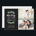 Cartão De Festividades Feliz Garland Holiday Natal Collage 2 Foto<br><div class="desc">Na moda e cartão de colagem de fotos festivas do Feriado que apresenta tipografia empilhada que diz: Feliz Natal e feliz ano novo. Personalize com suas próprias fotos e texto. Apresentando nossos louros de aquarela pintados à mão com amoras vermelhas. Vem com um padrão geo vermelho moderno nas costas para...</div>
