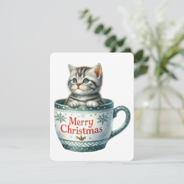 Cartão De Festividades Feliz Gato De Natal Em Uma Caneca - Natal (Em pé/Frente)