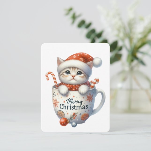 Cartão De Festividades Feliz Gato De Natal Em Uma Caneca - Natal (Em pé/Frente)