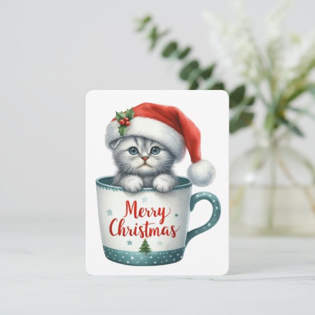 Cartão De Festividades Feliz Gato De Natal Em Uma Caneca - Natal (Em pé/Frente)