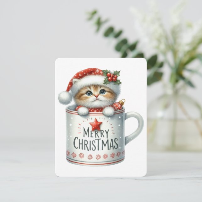 Cartão De Festividades Feliz Gato De Natal Em Uma Caneca - Natal (Em pé/Frente)