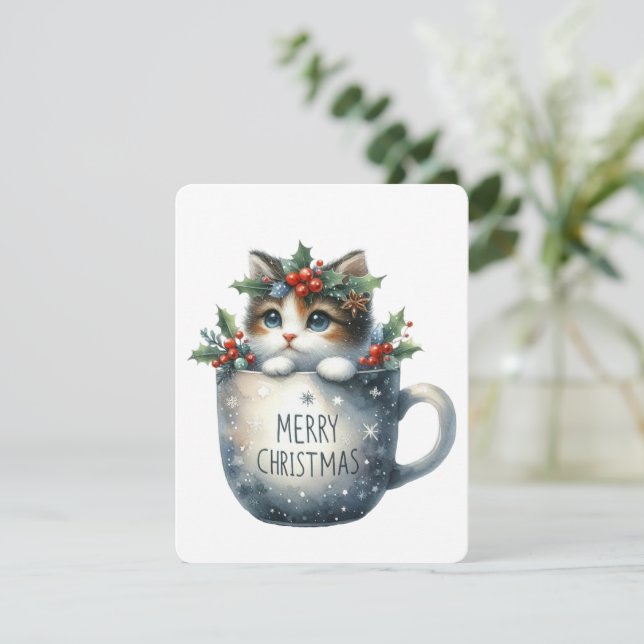 Cartão De Festividades Feliz Gato De Natal Em Uma Caneca - Natal (Em pé/Frente)