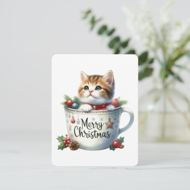 Cartão De Festividades Feliz Gato De Natal Em Uma Caneca - Natal (Em pé/Frente)