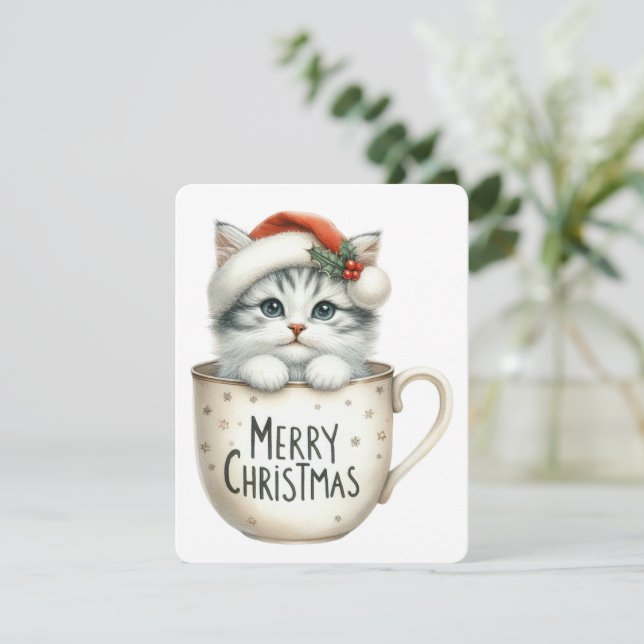 Cartão De Festividades Feliz Gato De Natal Em Uma Caneca - Natal (Em pé/Frente)