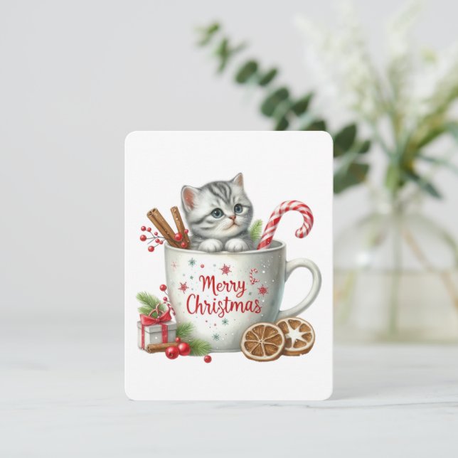 Cartão De Festividades Feliz Gato De Natal Em Uma Caneca - Natal (Em pé/Frente)