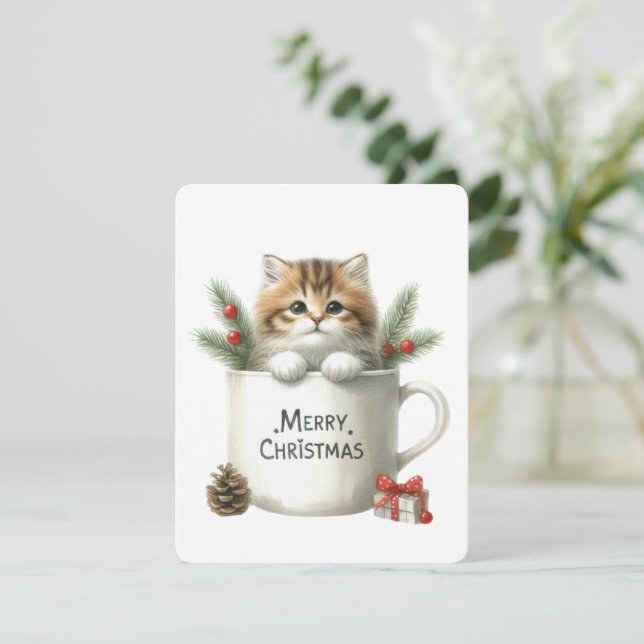 Cartão De Festividades Feliz Gato De Natal Em Uma Caneca - Natal (Em pé/Frente)