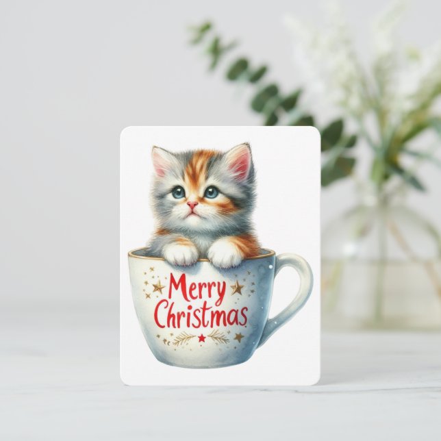 Cartão De Festividades Feliz Gato De Natal Em Uma Caneca - Natal (Em pé/Frente)