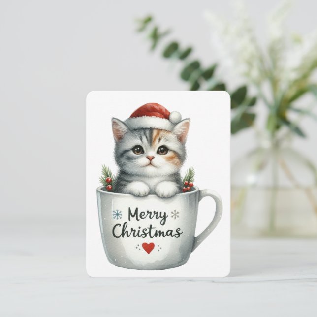 Cartão De Festividades Feliz Gato De Natal Em Uma Caneca - Natal (Em pé/Frente)