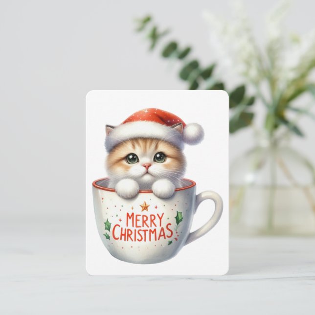 Cartão De Festividades Feliz Gato De Natal Em Uma Caneca - Natal (Em pé/Frente)