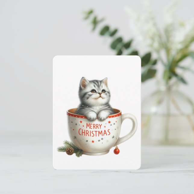 Cartão De Festividades Feliz Gato De Natal Em Uma Caneca - Natal (Em pé/Frente)