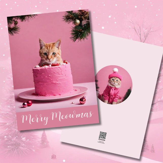 Cartão De Festividades Feliz gato rosa de Natal em gatinho de gengibre (Criador carregado)