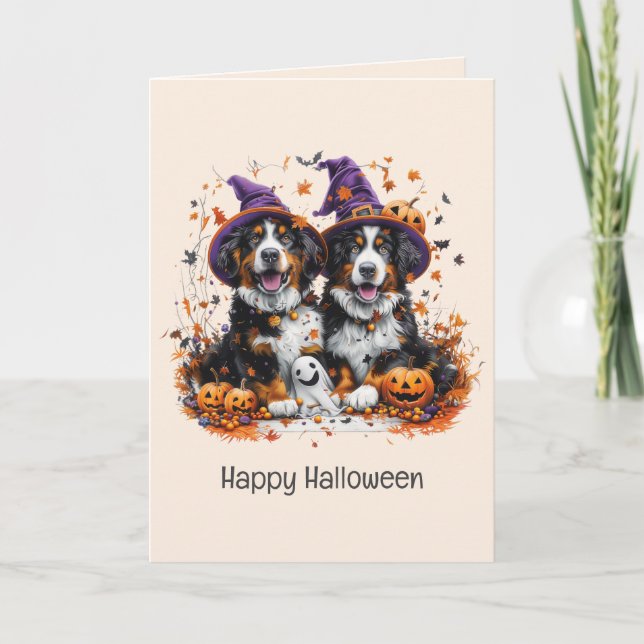 Cartão De Festividades Feliz Halloween Bernese Mountain Dogs (Frente)