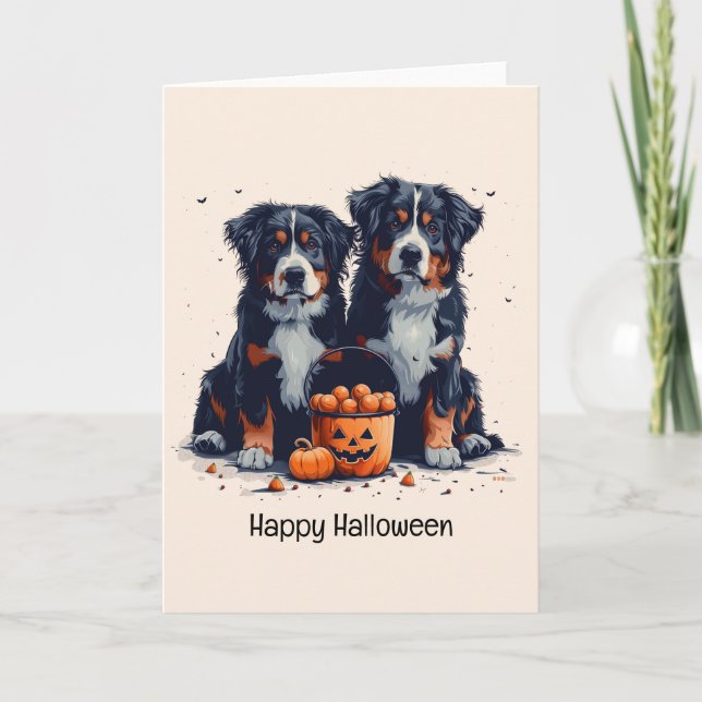 Cartão De Festividades Feliz Halloween Bernese Mountain Dogs Abóbora (Frente)