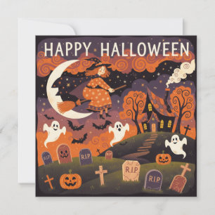 Cartão De Festividades Feliz Halloween Bruxa Caprichosa na Vassoura
