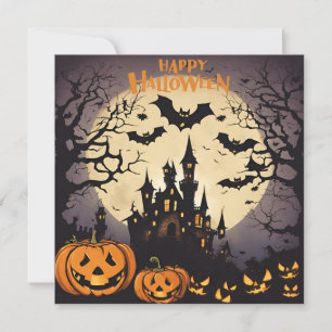 Cartão De Festividades Feliz Halloween - Casa Assombrada, Abóboras e Morc