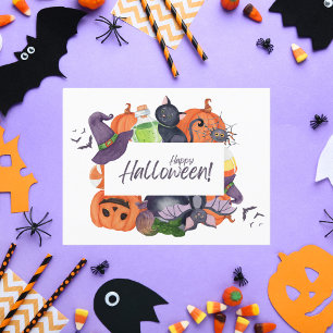 Cartão De Festividades Feliz Halloween Chapéu de Bruxa e Gato em Aquarela