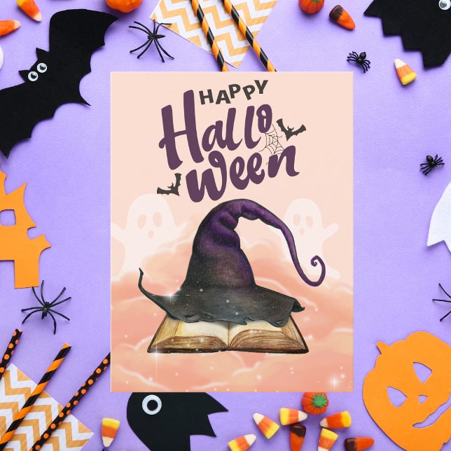 Cartão De Festividades Feliz Halloween Chapéu de Bruxa em Aquarela e Livr (Criador carregado)