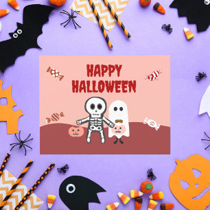 Cartão De Festividades Feliz Halloween Esqueleto e Fantasma Fofos com Doc