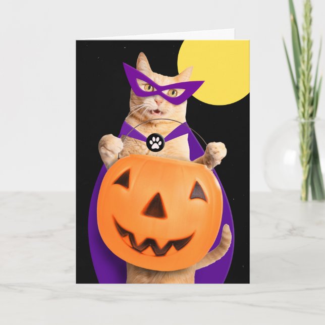 Cartão De Festividades Feliz Halloween Gato Laranja Tabby Gengibre Fofo  (Frente)