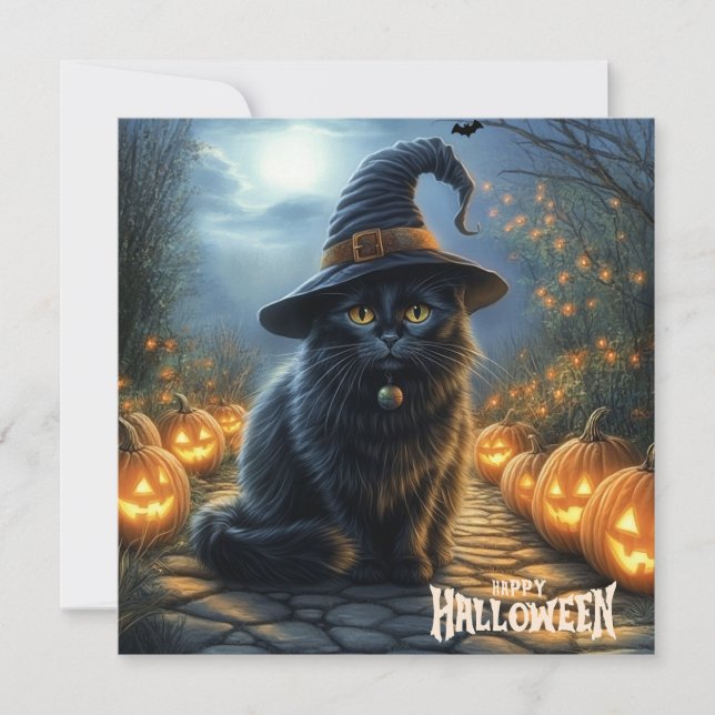 Cartão De Festividades Feliz Halloween Gato Preto com Abóboras  (Frente)