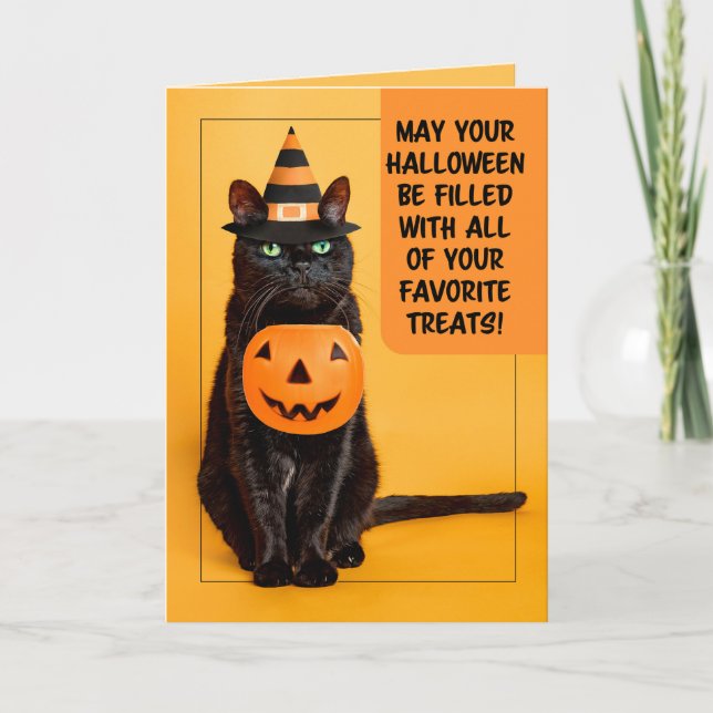 Cartão De Festividades Feliz Halloween Gato Preto Engraçado no Chapéu de  (Frente)