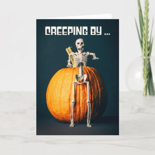 Cartão De Festividades Feliz Halloween Olá Esqueleto Sinistro e Abóbora