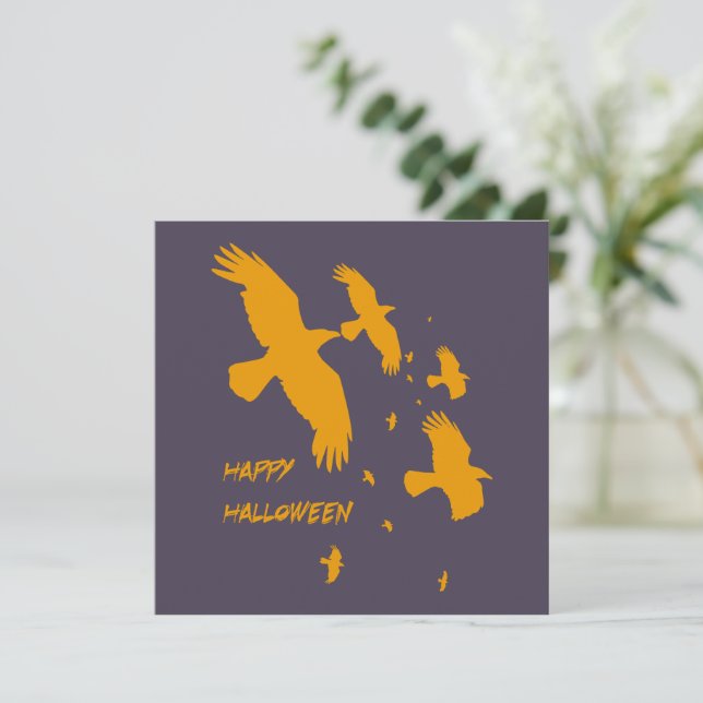 Cartão De Festividades Feliz Halloween Ravens Em Voo Vetor Silhouette (Em pé/Frente)