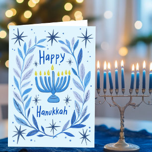 Cartão De Festividades Feliz Hanukkah Botânica Menorah Watercolor