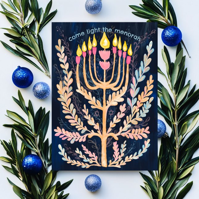 Cartão De Festividades Feliz Hanukkah Botânica Menorah Watercolor (Happy Hanukkah Botanical Menorah Watercolor Holiday Card
)