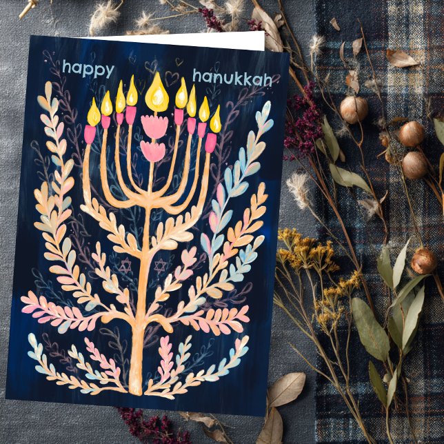 Cartão De Festividades Feliz Hanukkah Botânica Menorah Watercolor (Happy Hanukkah Botanical Menorah Watercolor Holiday Card
)