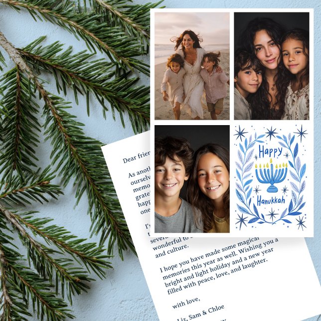 Cartão De Festividades FELIZ HANUKKAH - Carta de FOTO PERSONALIZADA 3 des (HAPPY HANUKKAH Hand-Drawn CUSTOM 3 PHOTO Letter Holiday Card
)