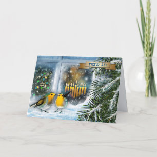 Cartão De Festividades Feliz Hanukkah. Cena da Janela de Neve com Menorah