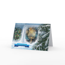 Feliz Hanukkah. Cena da Janela de Neve com Menorah