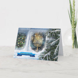 Cartão De Festividades Feliz Hanukkah. Cena da Janela de Neve com Menorah