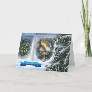 Cartão De Festividades Feliz Hanukkah. Cena da Janela de Neve com Menorah