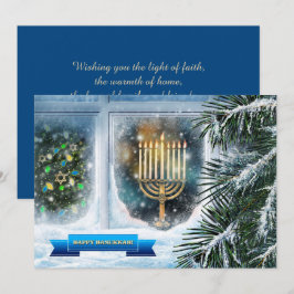 Cartão De Festividades Feliz Hanukkah. Cena da Janela de Neve com Menorah
