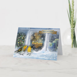 Cartão De Festividades Feliz Hanukkah. Cena da Janela de Neve com Menorah