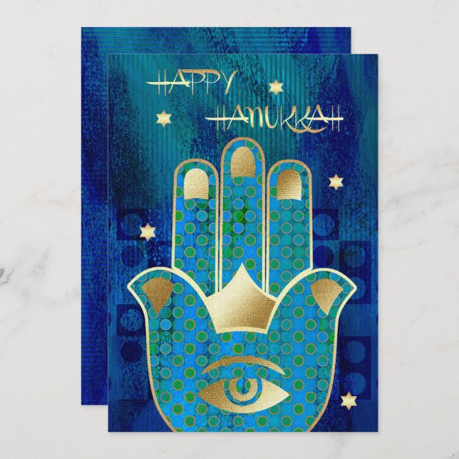 Cartão De Festividades Feliz Hanukkah. Dourada mão Hamsa (Frente/Verso)