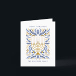Cartão De Festividades Feliz Hanukkah Festivo Watercolor Menorah Floral<br><div class="desc">Feliz Hanukkah! Mande saudações a Hanukkah para a família e amigos com este cartão dobrado elegante. Apresenta a aquarela Menorah e a folhagem elegante da coroa numa sofisticada paleta de ouro, azul claro e azul marinho. Personalize o cartão com sua mensagem favorita e duas linhas de texto personalizado para adicionar...</div>