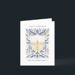 Cartão De Festividades Feliz Hanukkah Festivo Watercolor Menorah Foto<br><div class="desc">Feliz Hanukkah! Mande saudações a Hanukkah para a família e amigos com este cartão com fotos dobrado elegante. Apresenta a aquarela Menorah e a folhagem elegante da coroa numa sofisticada paleta de ouro, azul claro e azul marinho. Personalize o cartão com sua mensagem favorita e duas linhas de texto personalizado...</div>