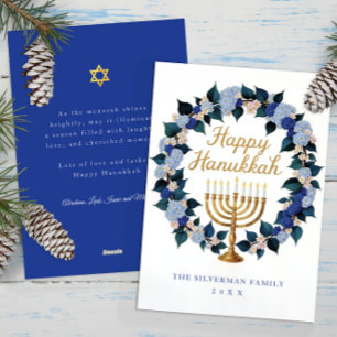Cartão De Festividades Feliz Hanukkah Floral Menorah