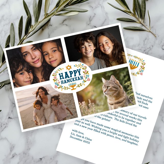 Cartão De Festividades FELIZ HANUKKAH Floral Wreath Menorah Fotografias P (HAPPY HANUKKAH Floral Wreath Menorah Custom Photos Holiday Card
)