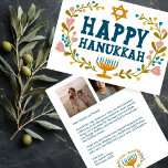Cartão De Festividades FELIZ HANUKKAH Floral Wreath Menorah Fotografias P<br><div class="desc">Texto desenhado à mão e flores por mim para você. Clique em "personalizar" para editar e adicionar seu próprio texto e fotos na parte traseira do cartão-postal ou alterar as cores de fundo. Tudo é personalizável. Para mais designs e cores, verifique meu compro! Ou me avise se quiser algo personalizado....</div>