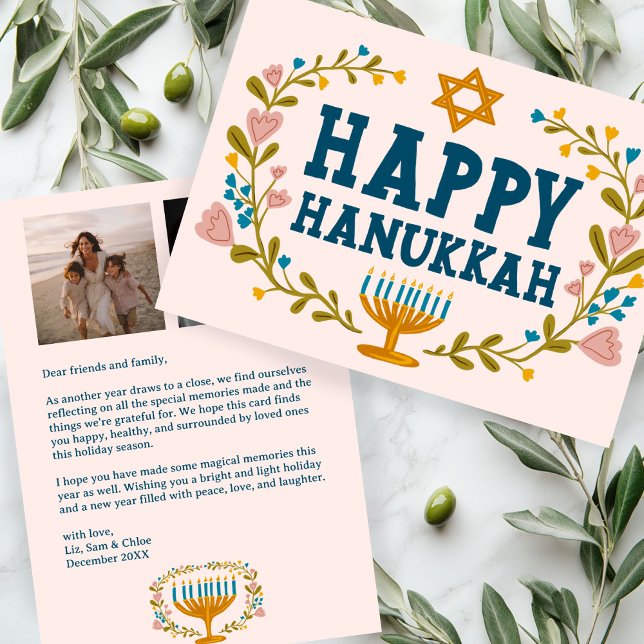 Cartão De Festividades FELIZ HANUKKAH Floral Wreath Menorah Fotografias P (HAPPY HANUKKAH Floral Wreath Menorah Custom 2 Photos Holiday Card
)