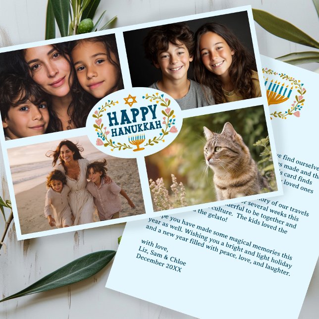 Cartão De Festividades FELIZ HANUKKAH Floral Wreath Menorah Fotografias P (HAPPY HANUKKAH Floral Wreath Menorah Custom Photos Holiday Card
)