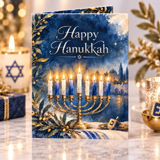 Cartão De Festividades Feliz Hanukkah Foto de Família com Menorá Azul e D
